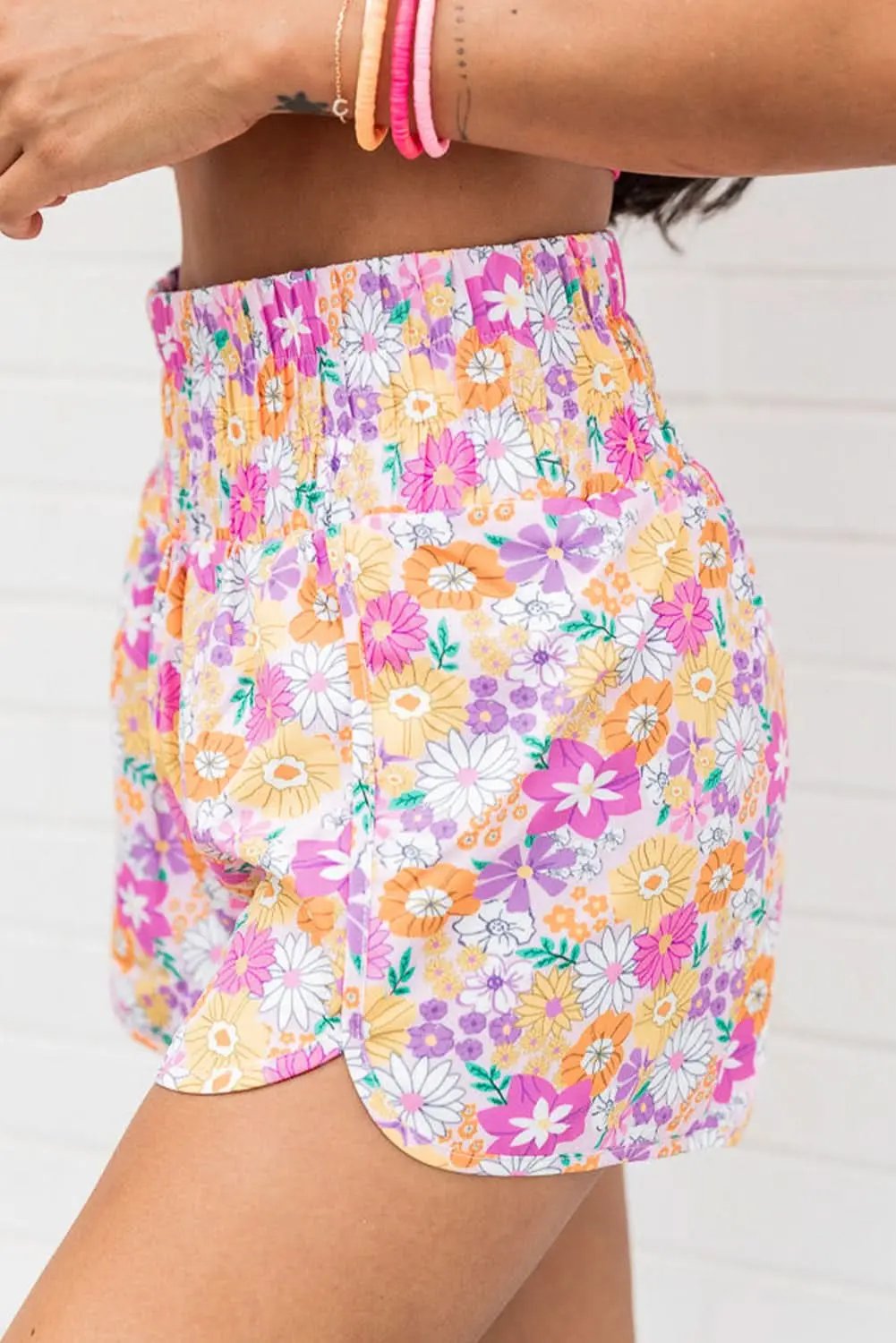 Pink Boho Floral Shirred High Waist Casual Shorts - Love Salve